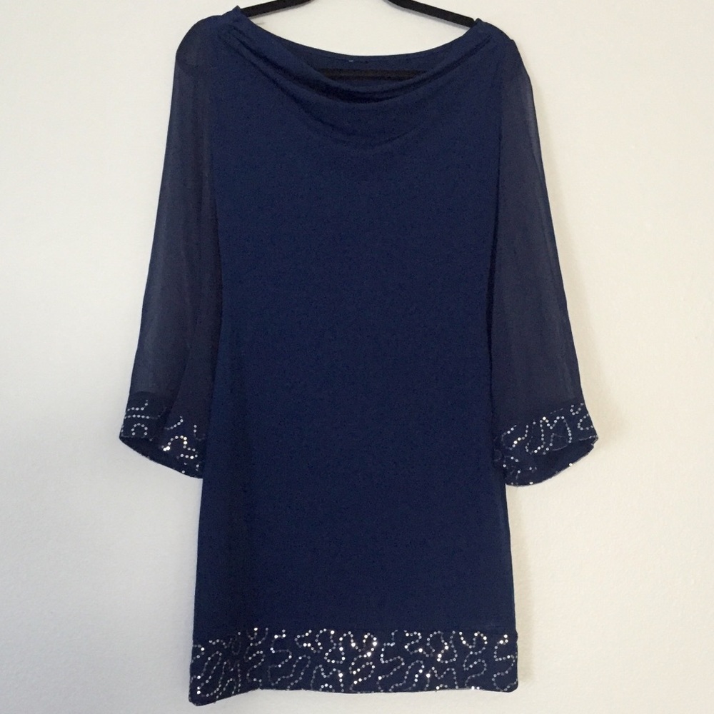 Royal blue dress w/sheer sleeves & sequin cuffs